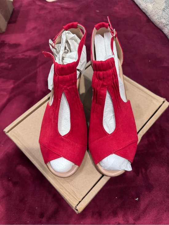 Kedzie Shoes - Women’s Red Peep-Toe Wedge Sandals - Comfortable Slingback